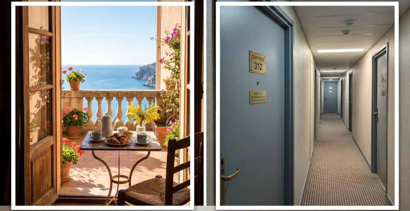 Composition architecturale en diptyque montrant deux portes : à gauche une porte-fenêtre ouverte sur une terrasse méditerranéenne ensoleillée avec vue mer et table de petit-déjeuner, à droite une porte de chambre d'hôtel donnant sur un couloir standardisé avec éclairage artificiel