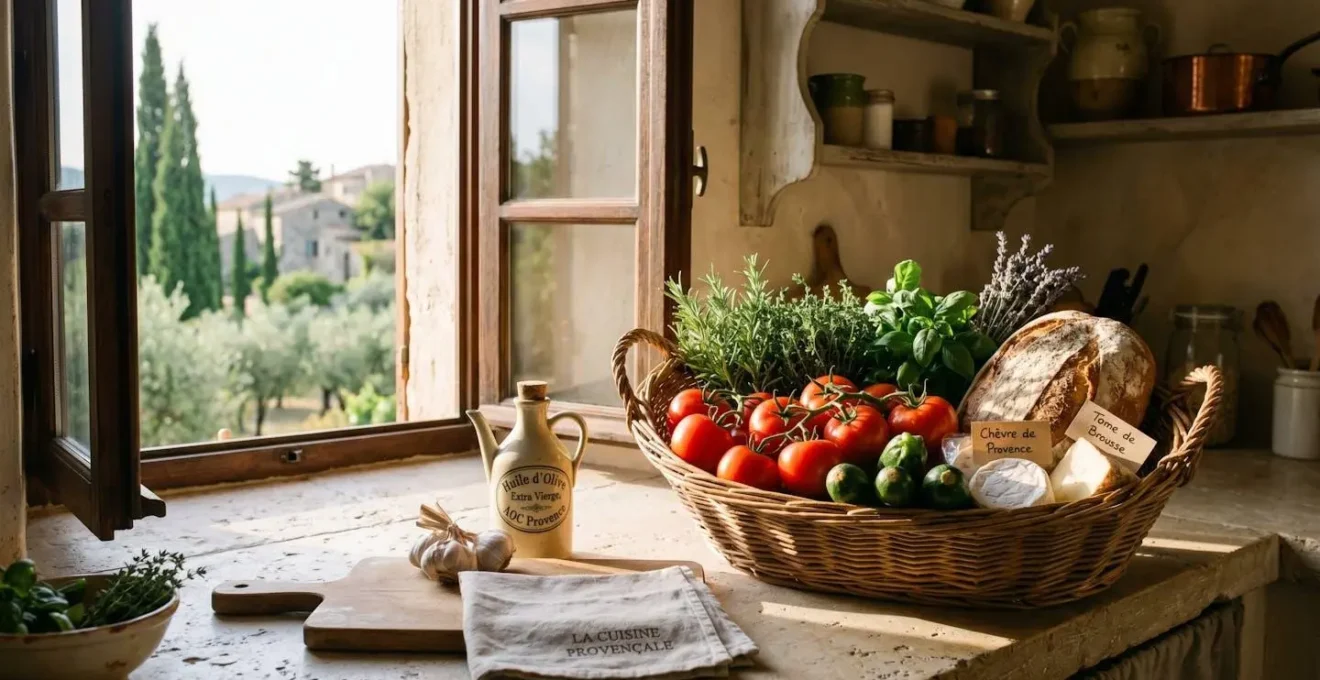 Cuisine provençale minimaliste avec comptoir en pierre claire et panier d'osier rempli de produits frais du marché méditerranéen, baignée de lumière naturelle matinale entrant par une fenêtre ouverte